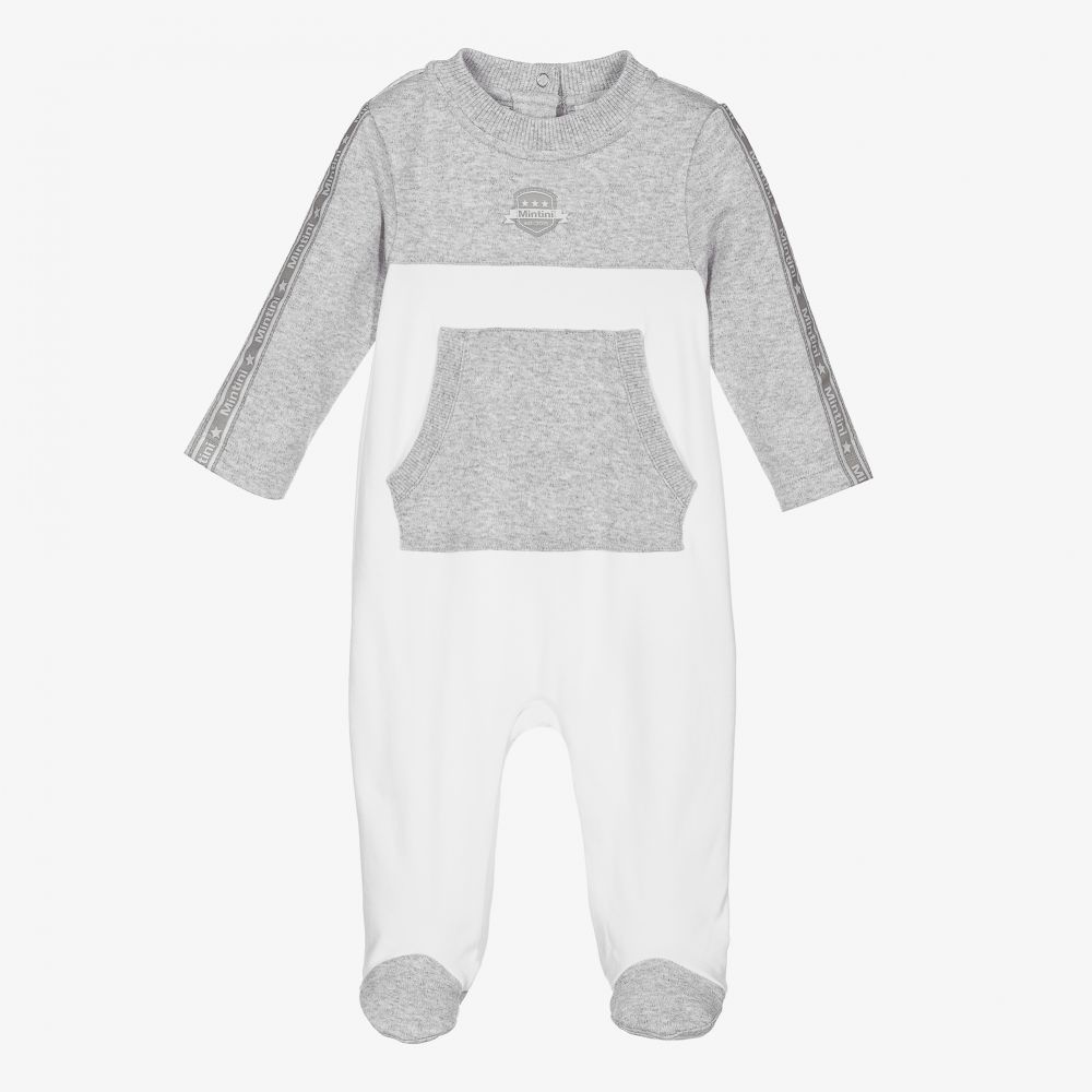 Mintini Baby - Grey & White Cotton Babygrow | Childrensalon