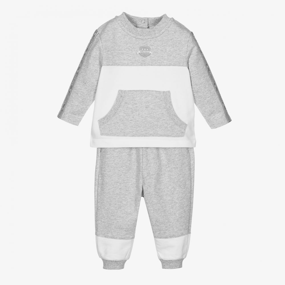 Mintini Baby - Grey & White Cotton Tracksuit | Childrensalon