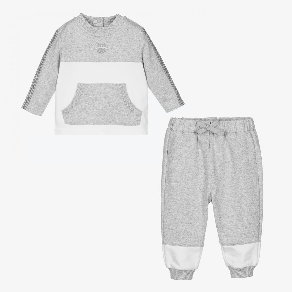 Mintini Baby-Grey & White Cotton Tracksuit | Childrensalon Outlet