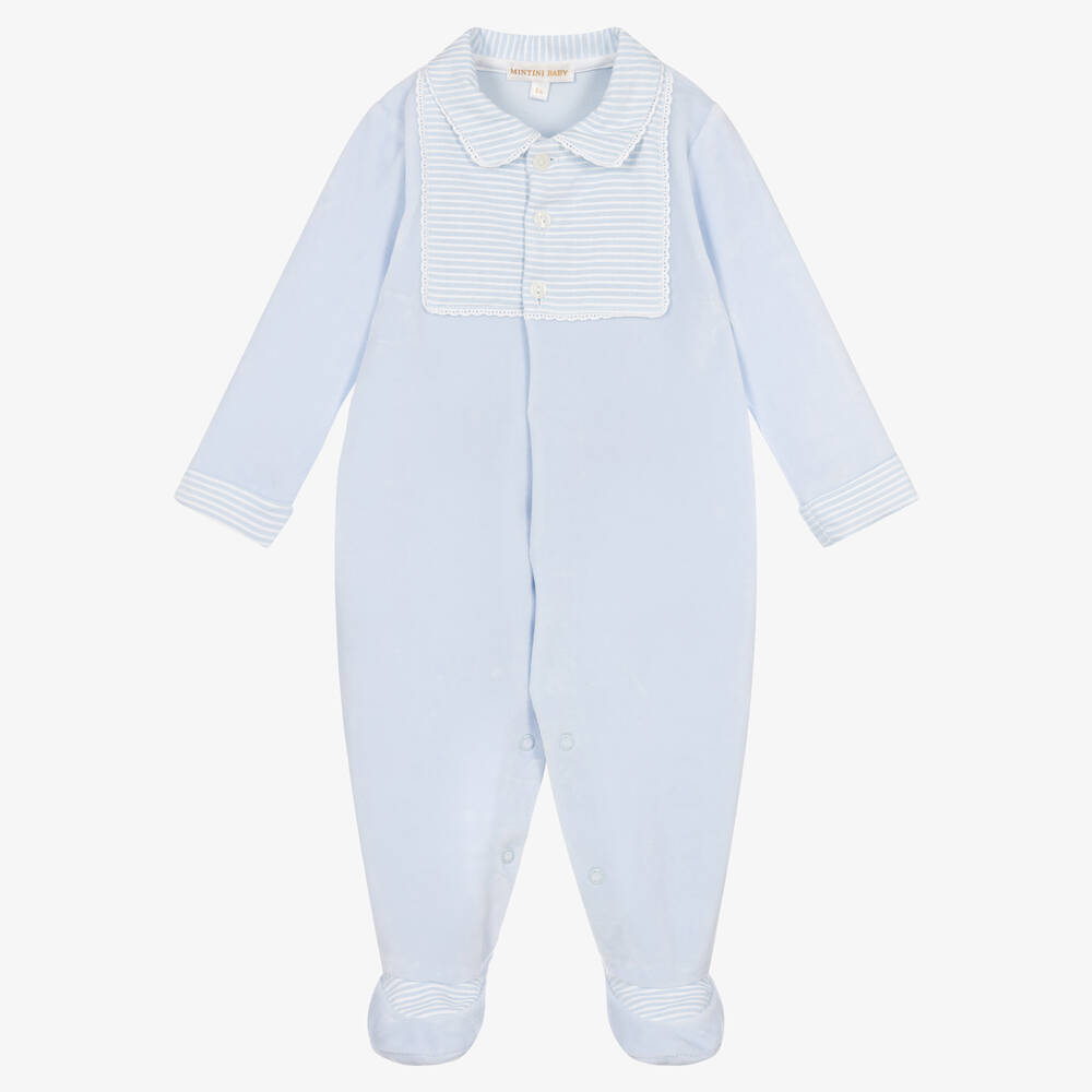 Mintini Baby - Pale Blue Velour Babygrow | Childrensalon