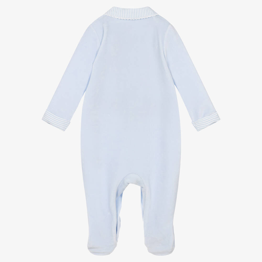 Mintini Baby-Pale Blue Velour Babygrow | Childrensalon Outlet