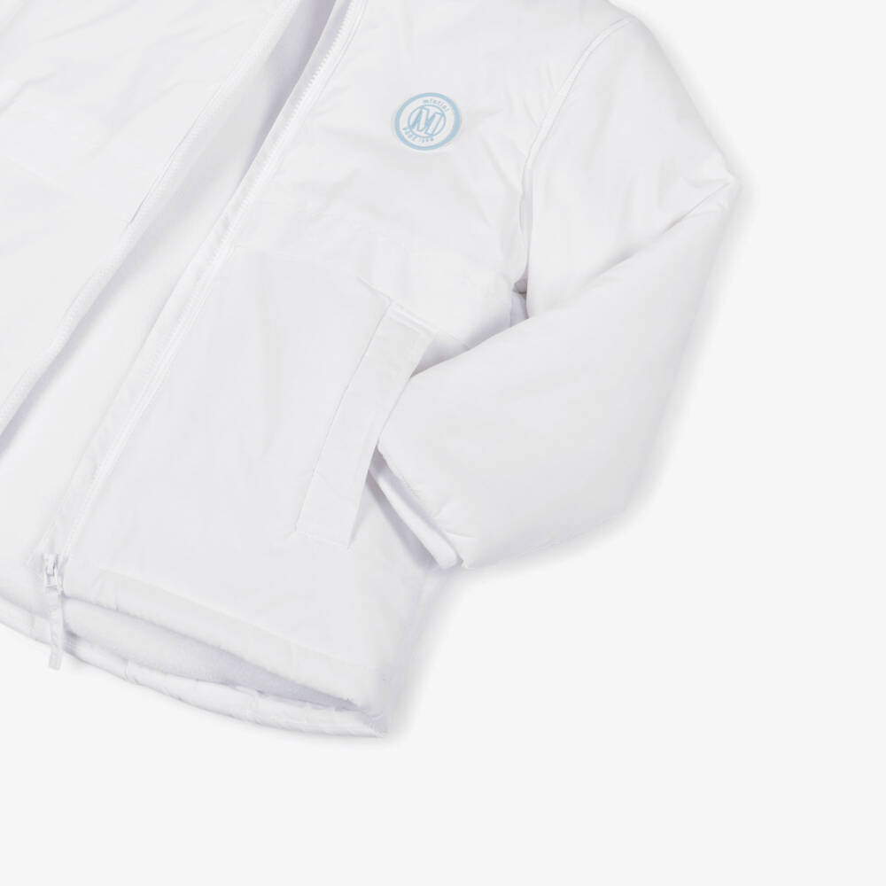 Mintini Baby-White Hooded Puffer Jacket with Logo Badge | Childrensalon Outlet