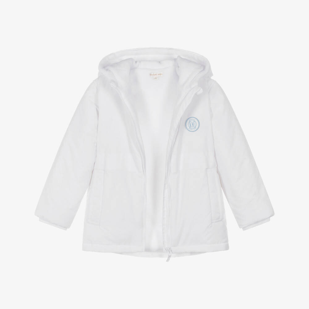 Mintini Baby-White Hooded Puffer Jacket with Logo Badge | Childrensalon Outlet