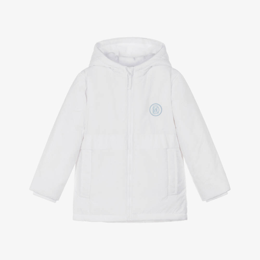 Mintini Baby-White Hooded Puffer Jacket with Logo Badge | Childrensalon Outlet