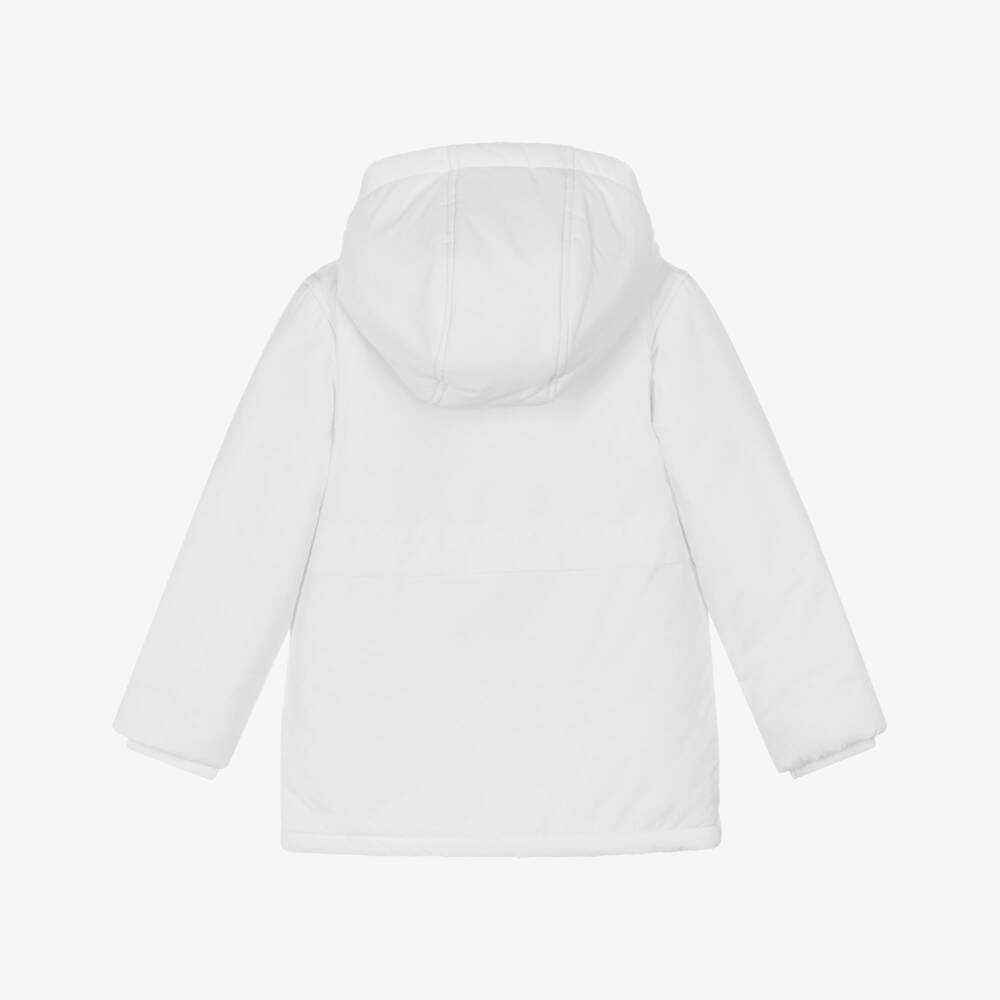 Mintini Baby-White Hooded Puffer Jacket with Logo Badge | Childrensalon Outlet