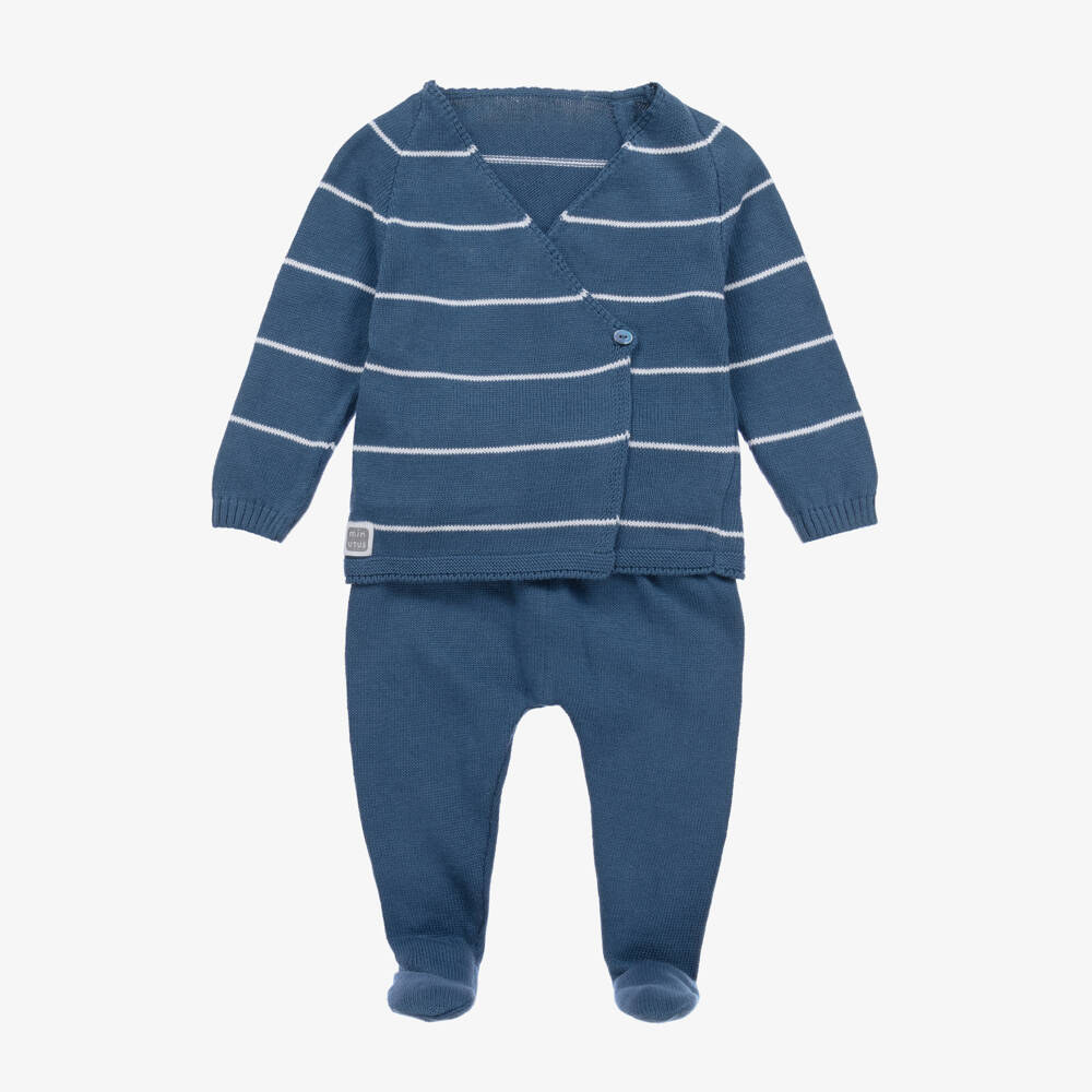 Minutus-Blue Stripe Cotton Knit 2 Piece Babygrow | Childrensalon Outlet