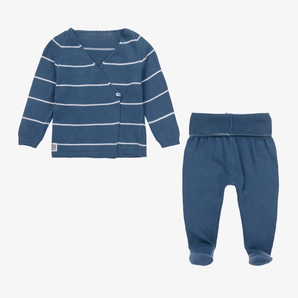 Minutus-Blue Stripe Cotton Knit 2 Piece Babygrow | Childrensalon Outlet