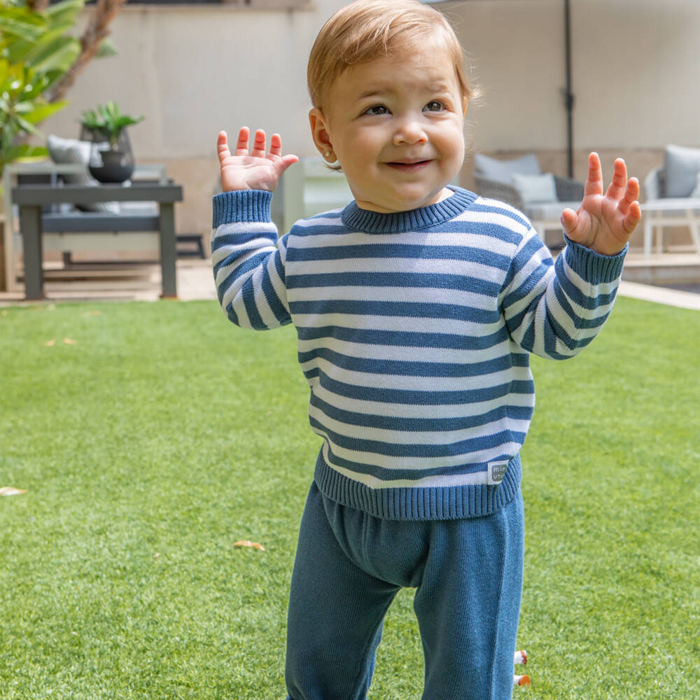Minutus-Blue Stripe Cotton Knit Baby Trouser Set | Childrensalon Outlet
