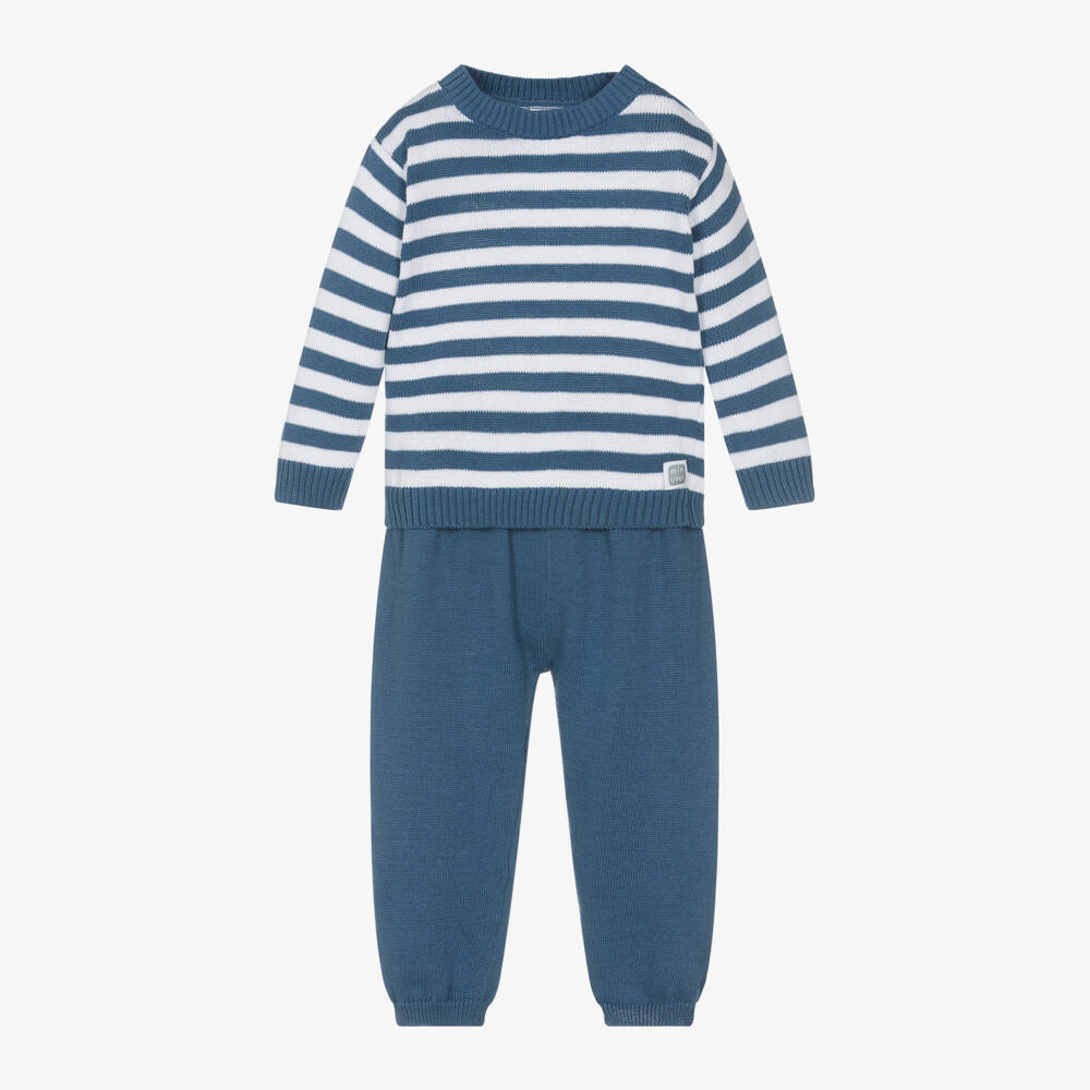 Minutus-Blue Stripe Cotton Knit Baby Trouser Set | Childrensalon Outlet