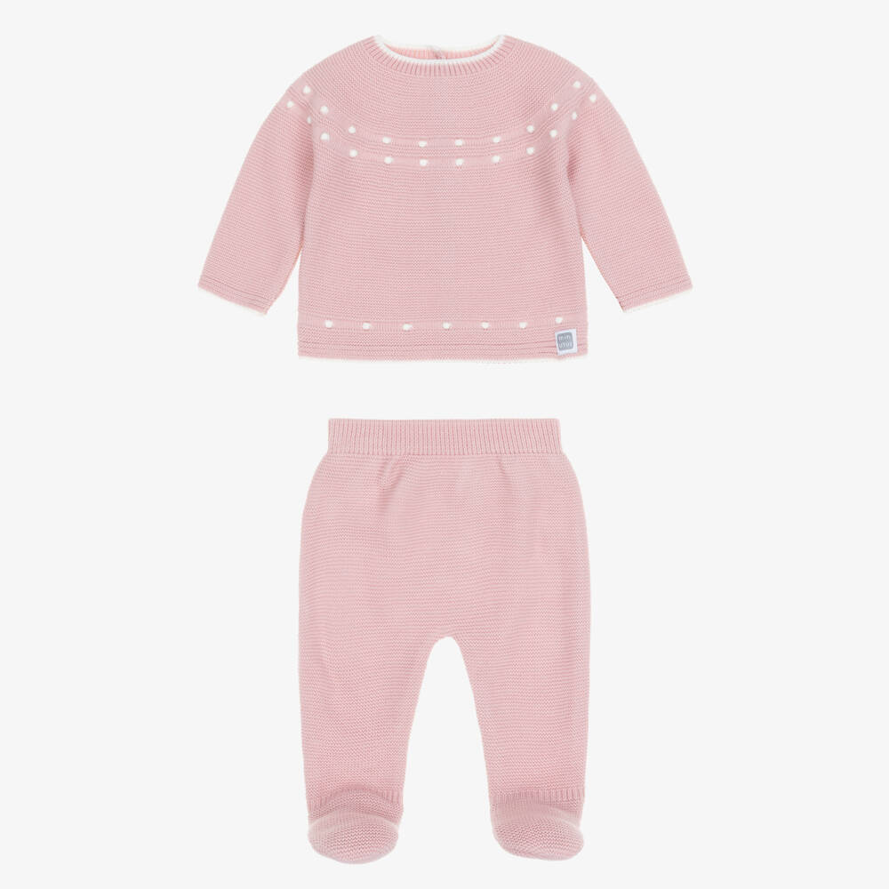 Minutus-Girls Pink Knitted Babysuit Set with Pom-Pom Hat | Childrensalon Outlet