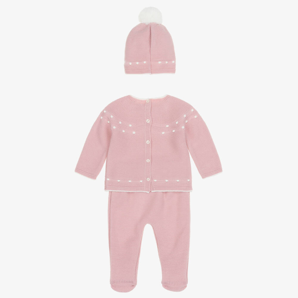 Minutus-Girls Pink Knitted Babysuit Set with Pom-Pom Hat | Childrensalon Outlet