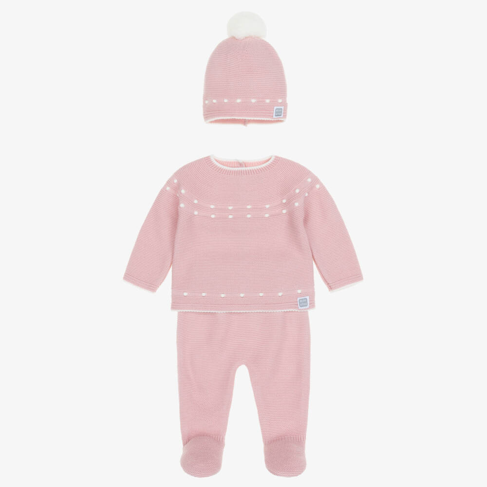 Minutus-Girls Pink Knitted Babysuit Set with Pom-Pom Hat | Childrensalon Outlet
