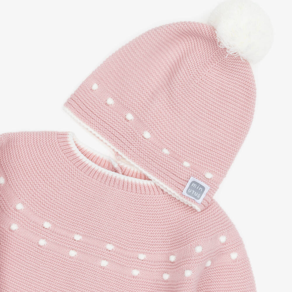 Minutus-Girls Pink Knitted Babysuit Set with Pom-Pom Hat | Childrensalon Outlet