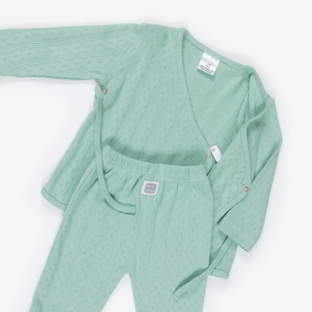 Minutus-Green Cotton Pointelle 2 Piece Babygrow | Childrensalon Outlet