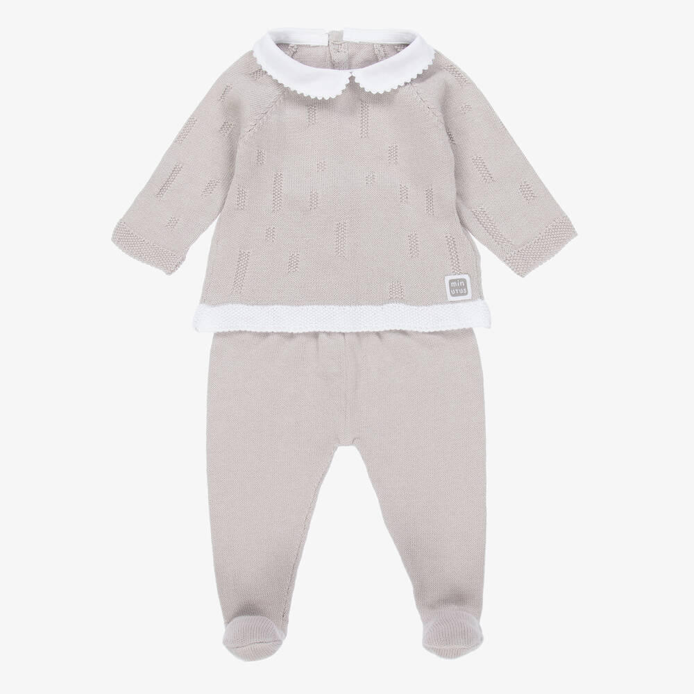 Minutus - Grey Knitted 2 Piece Babygrow  | Childrensalon