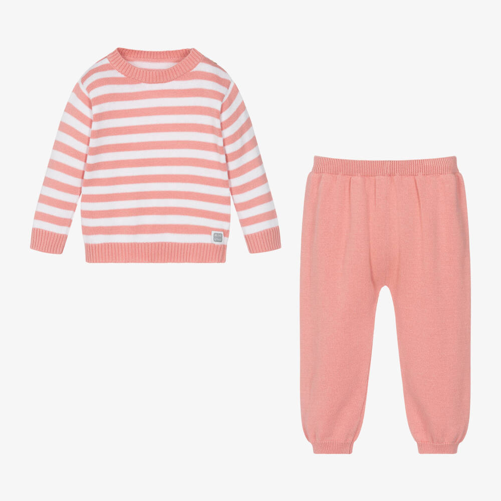 Minutus-Pink Stripe Cotton Knit Baby Trouser Set | Childrensalon Outlet