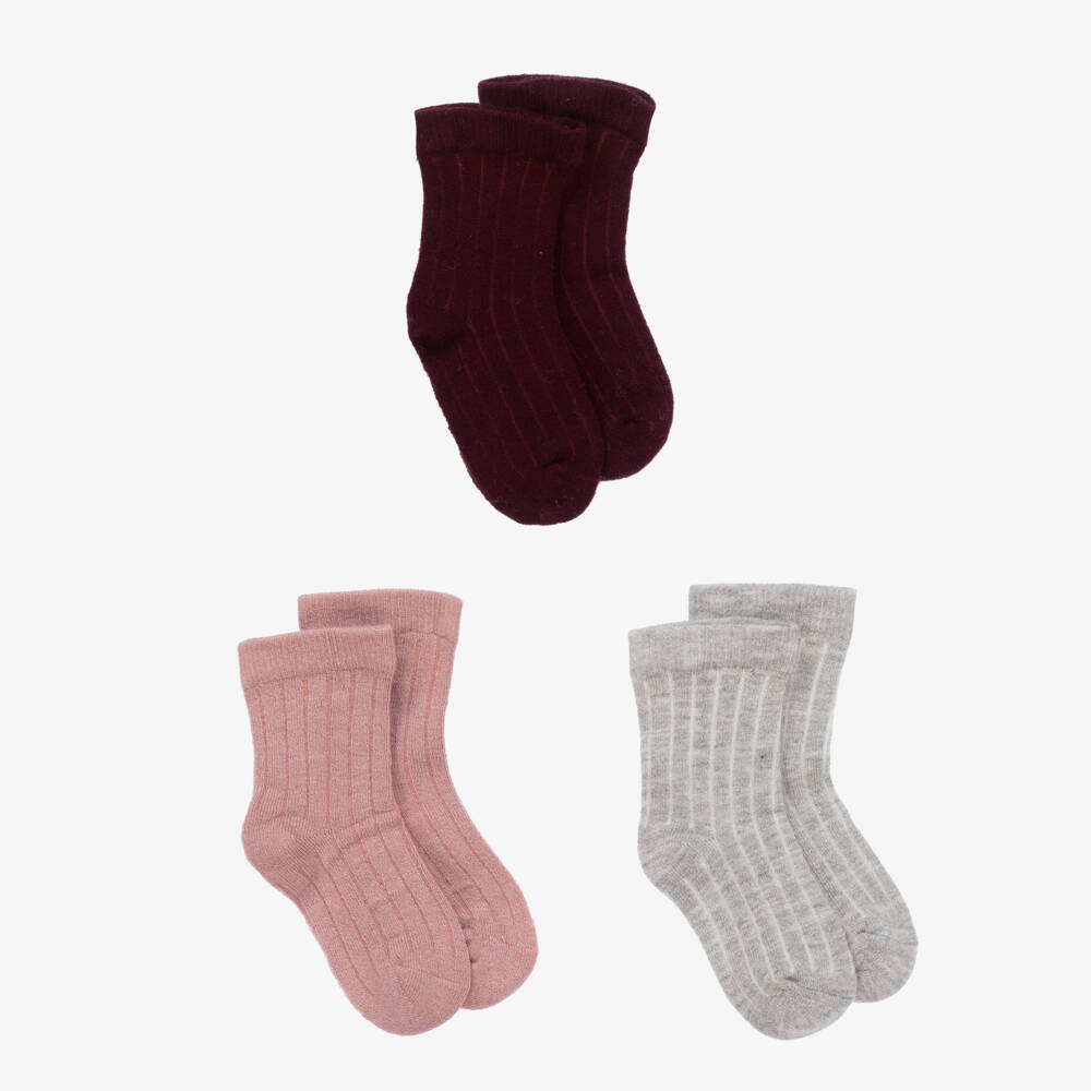 Minymo-Girls Pink & Grey Ribbed Socks (3 Pack) | Childrensalon Outlet