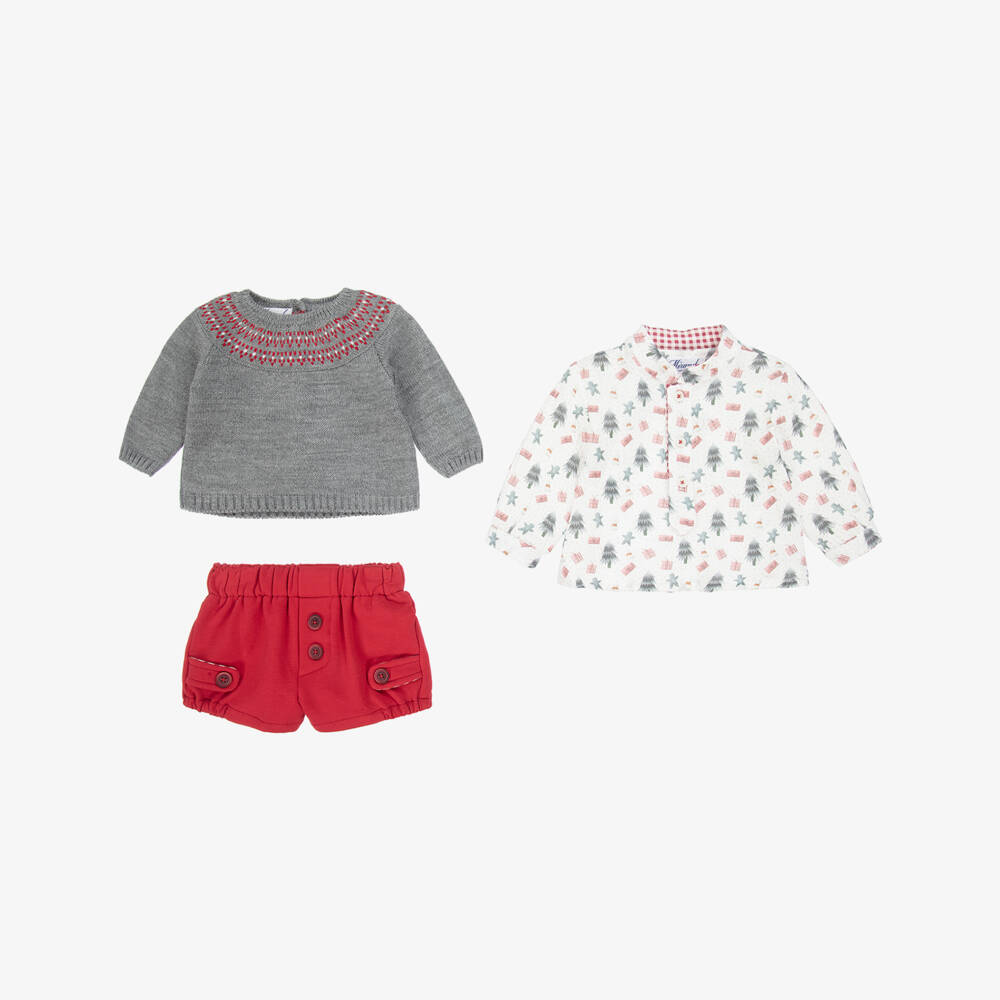 Miranda-Baby Boys Red, White & Grey Cotton Festive Shorts Set | Childrensalon Outlet