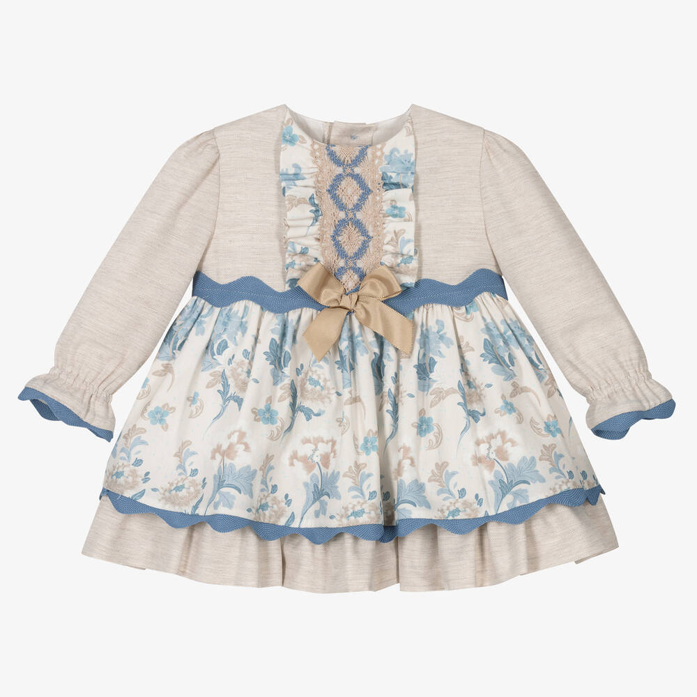 Miranda - Baby Girls Beige & Blue Floral Dress | Childrensalon