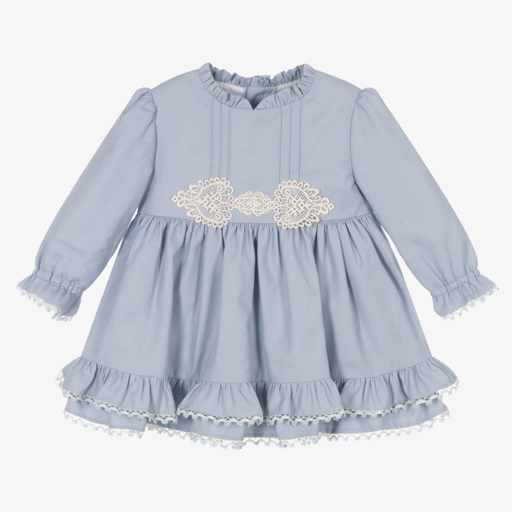 Miranda - Baby Girls Blue Cotton Ruffle Dress | Childrensalon