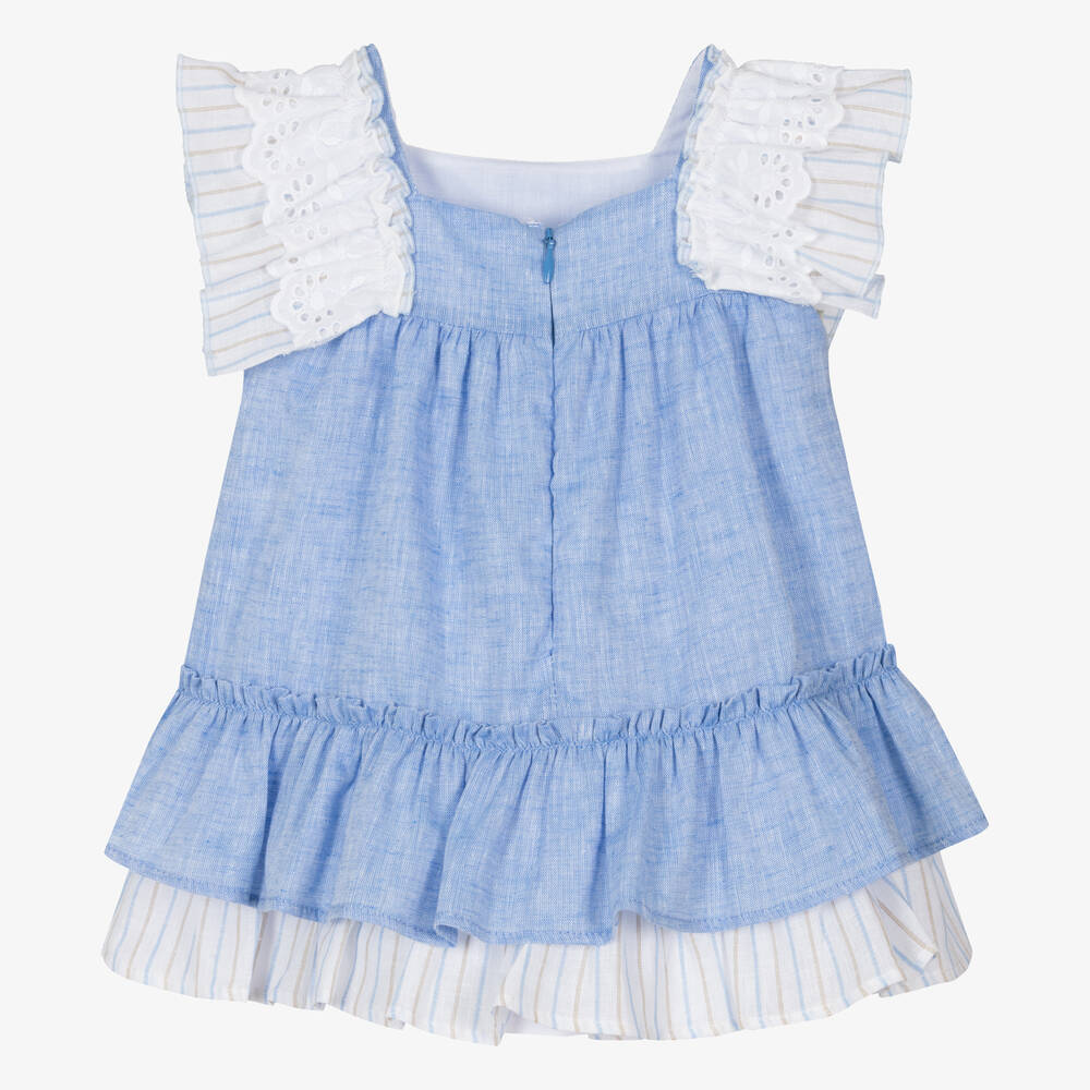 Miranda Baby Girls Blue Linen Frill Dress Childrensalon Outlet
