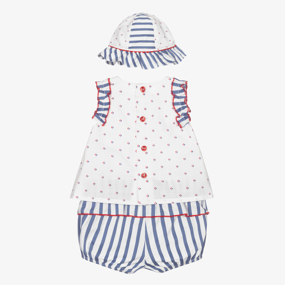 Miranda-طقم شورت وتوب قطن بوبلين لون أزرق وأبيض للمولودات | Childrensalon Outlet
