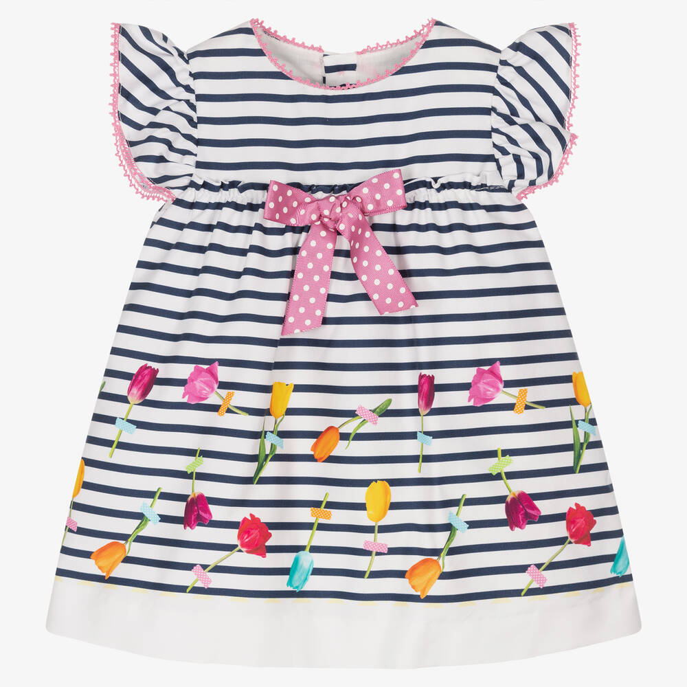 Miranda - Blau gestreiftes Blumen-Babykleid | Childrensalon