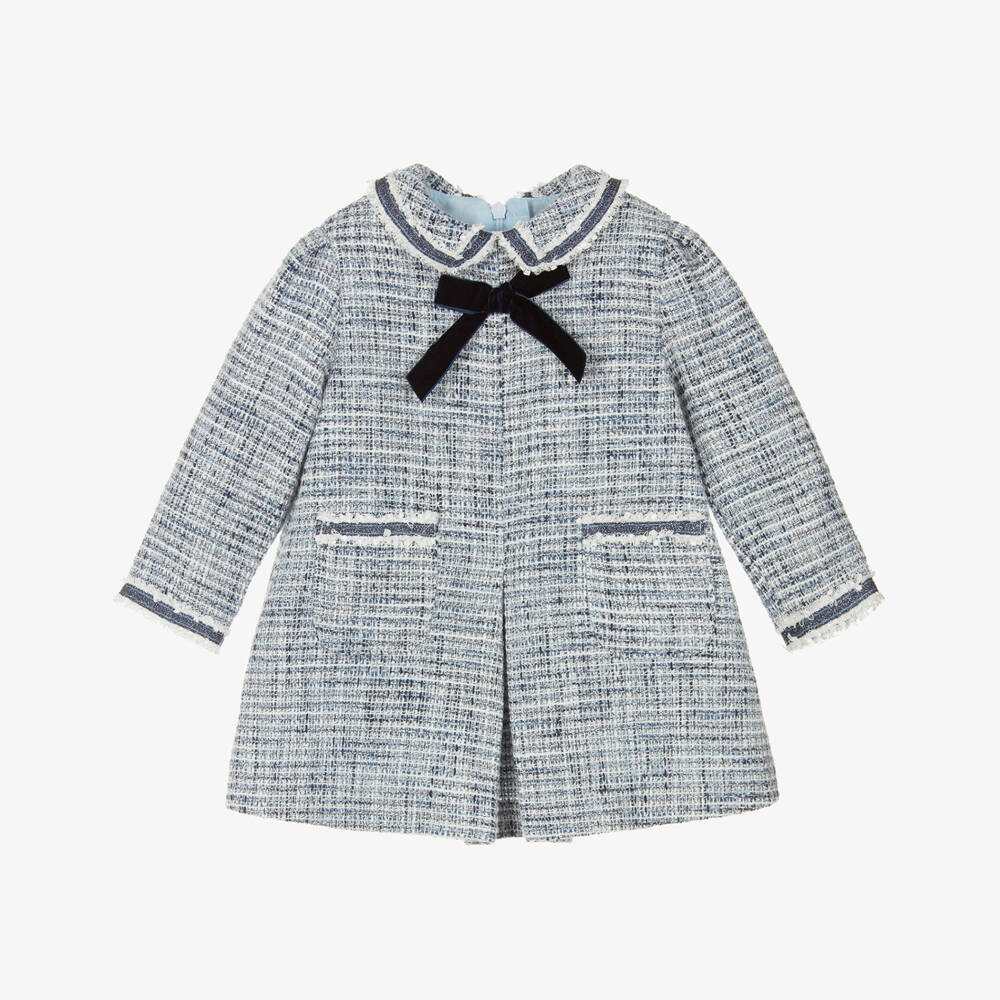 Miranda-Baby Girls Blue Tweed & Glittery Silver Dress with Velvet Bow | Childrensalon Outlet