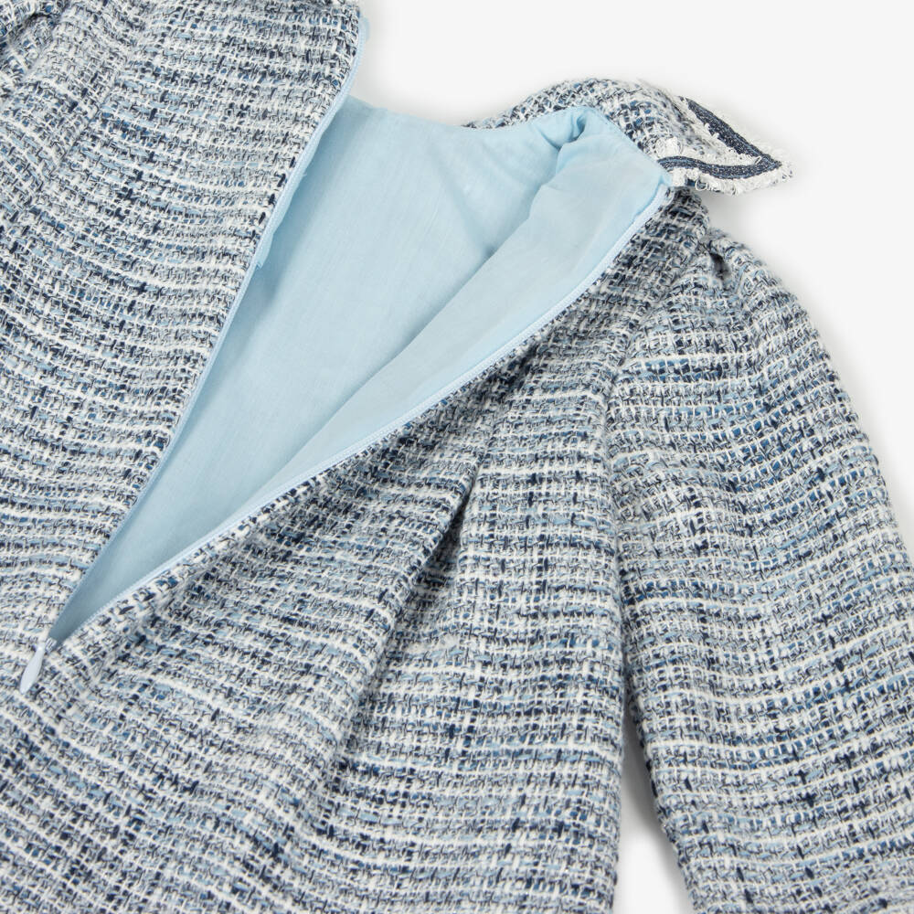 Miranda-Baby Girls Blue Tweed & Glittery Silver Dress with Velvet Bow | Childrensalon Outlet