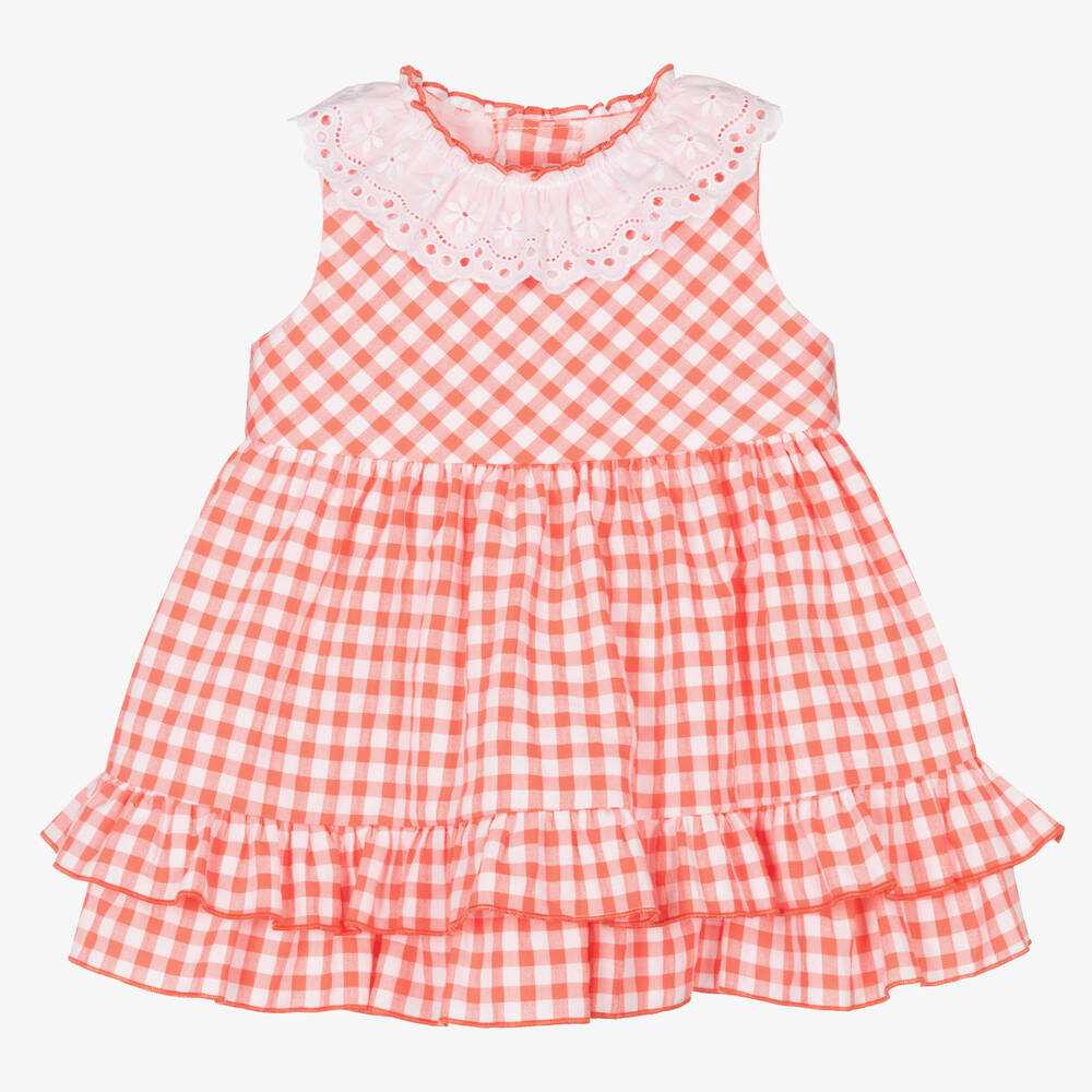 Miranda - Baby Girls Coral Pink Checked Cotton Dress | Childrensalon