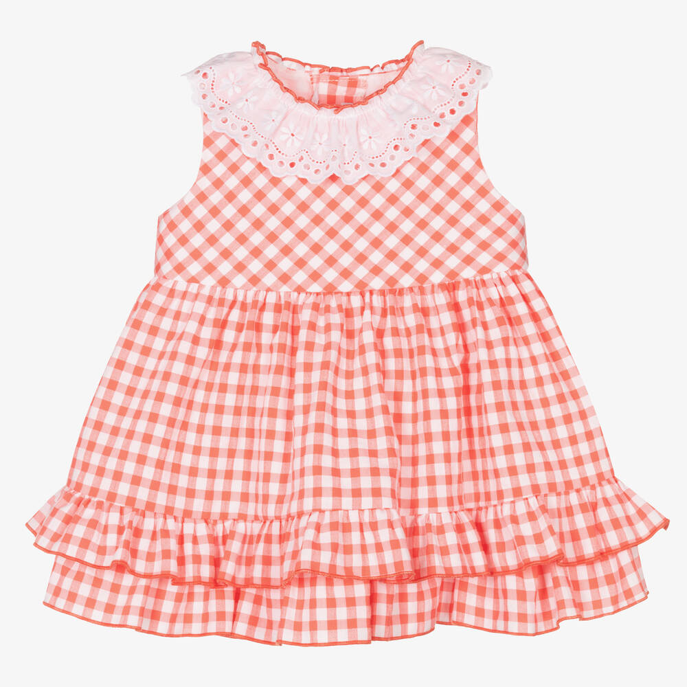 Miranda-Baby Girls Coral Pink Checked Cotton Dress | Childrensalon Outlet