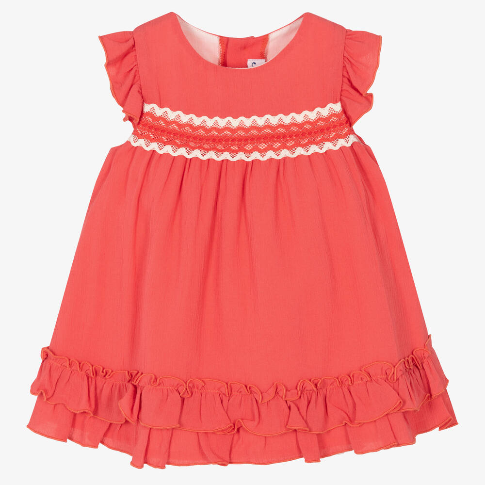 Miranda - Baby Girls Coral Red Lace Dress  | Childrensalon
