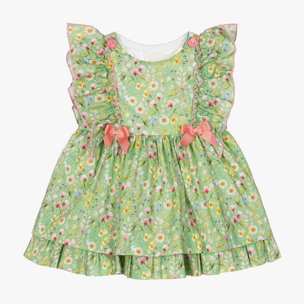 Miranda - Baby Girls Green Cotton Floral Dress | Childrensalon