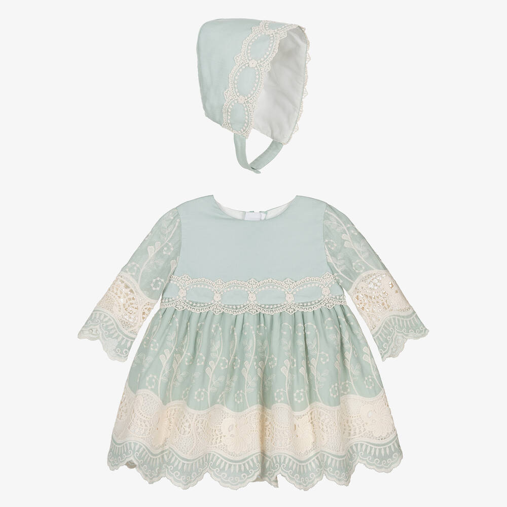 Miranda-طقم فستان أطفال بناتي قطن ودانتيل لون أخضر | Childrensalon Outlet
