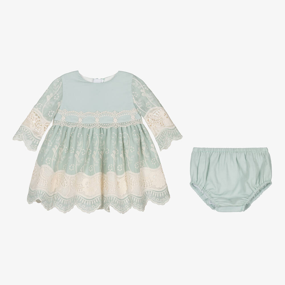 ميراندا-طقم فستان أطفال بناتي قطن ودانتيل لون أخضر | Childrensalon Outlet