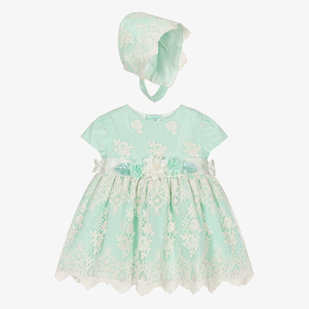 Miranda - Зеленое платье и чепчик с кружевом | Childrensalon