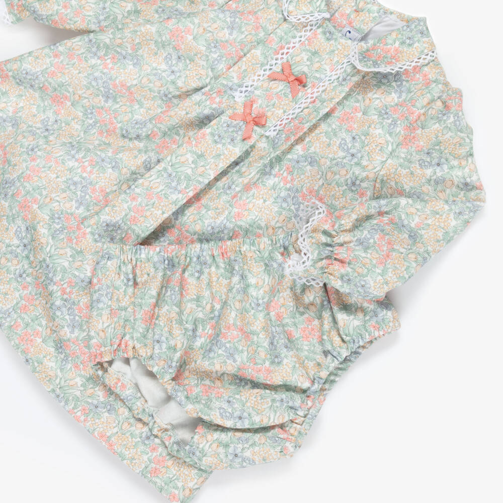 Miranda-Baby Girls Green & Pink Cotton Floral Baby Dress | Childrensalon Outlet