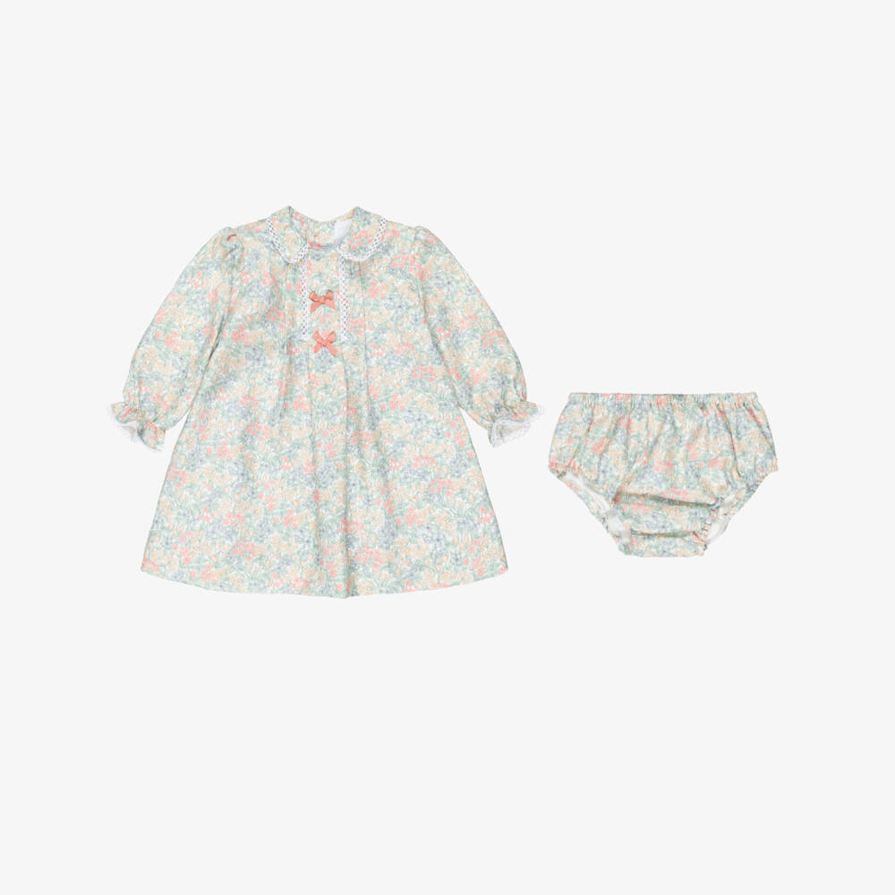 Miranda-Baby Girls Green & Pink Cotton Floral Baby Dress | Childrensalon Outlet