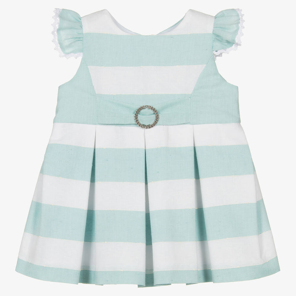 Miranda-Baby Girls Green & White Cotton Dress | Childrensalon Outlet