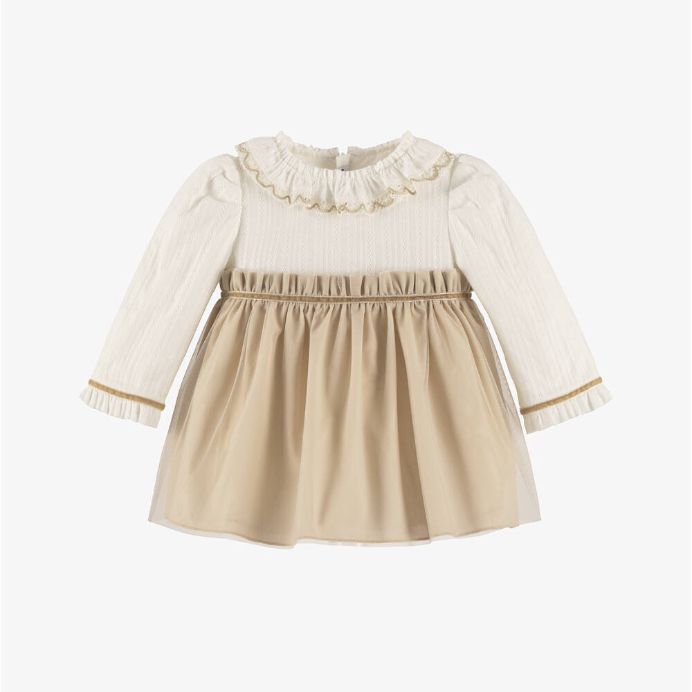 Miranda-Baby Girls Ivory & Beige Ruffle Tulle Dress | Childrensalon Outlet