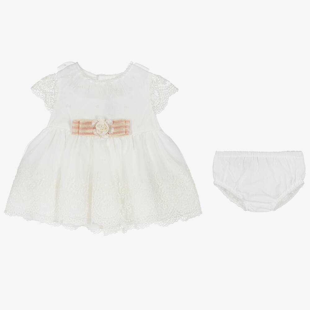 ميراندا-طقم فستان وبونيه قطن وتول مزين بدانتيل لون عاجي | Childrensalon Outlet