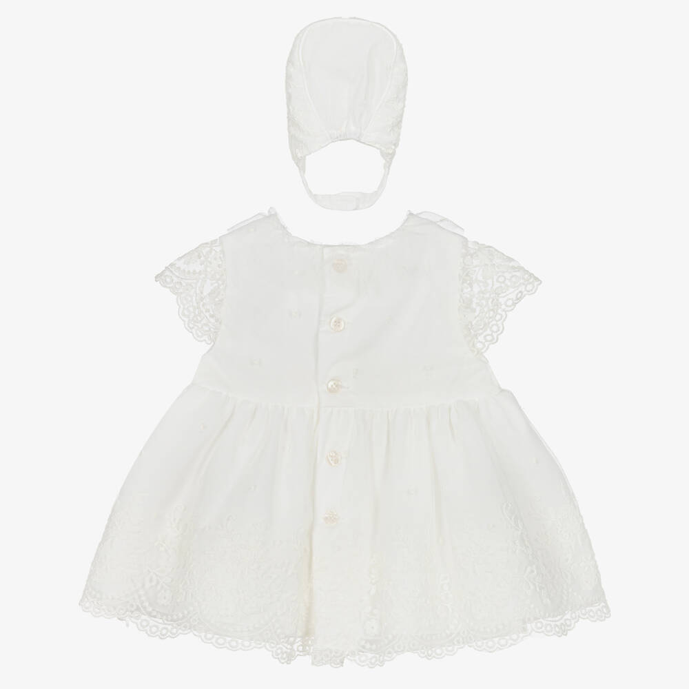 ميراندا-طقم فستان وبونيه قطن وتول مزين بدانتيل لون عاجي | Childrensalon Outlet