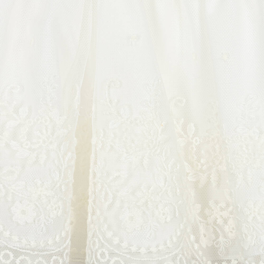 ميراندا-طقم فستان وبونيه قطن وتول مزين بدانتيل لون عاجي | Childrensalon Outlet