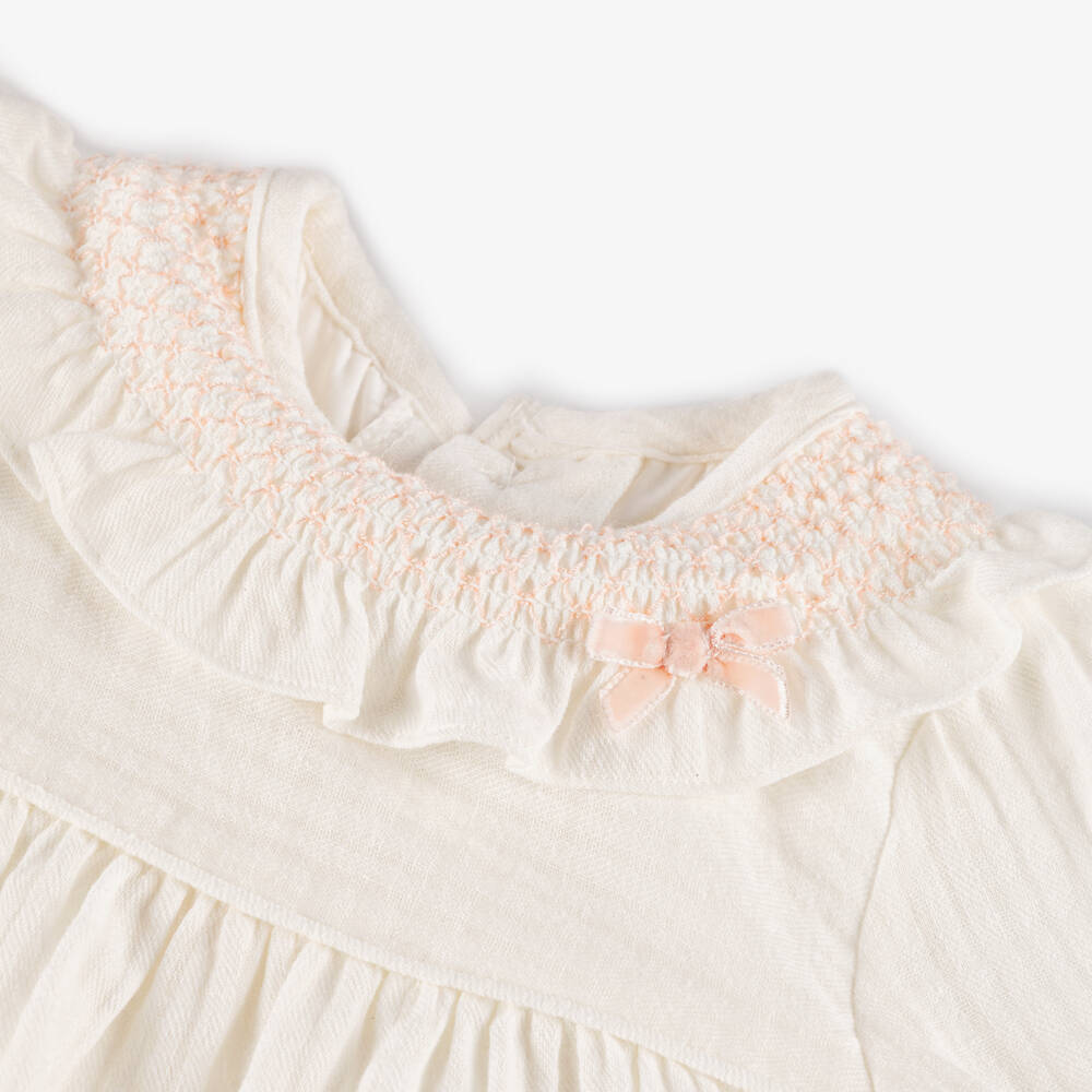Miranda-طقم قطن عاجي للبنات بتطريز سموك | Childrensalon Outlet