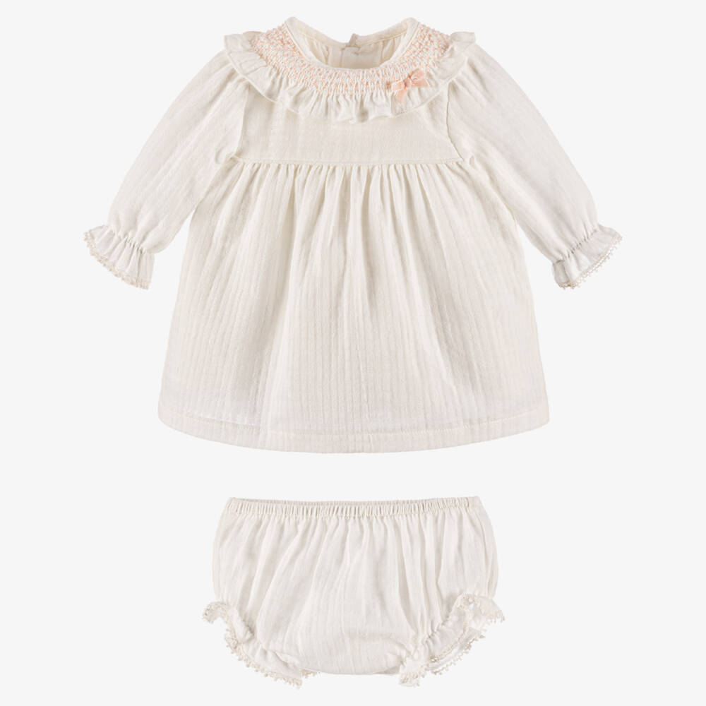 Miranda-طقم قطن عاجي للبنات بتطريز سموك | Childrensalon Outlet
