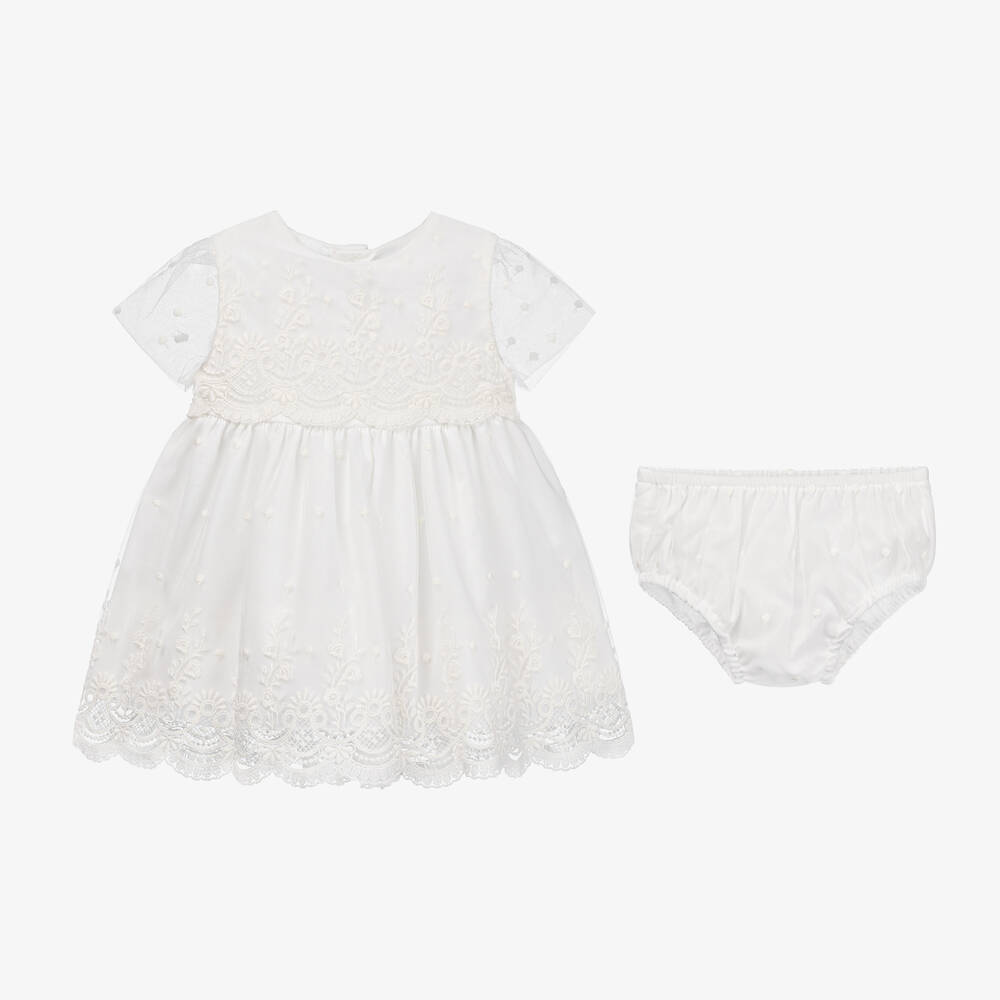 ميراندا-طقم فستان تول ودانتيل لون عاجي للمولودات | Childrensalon Outlet