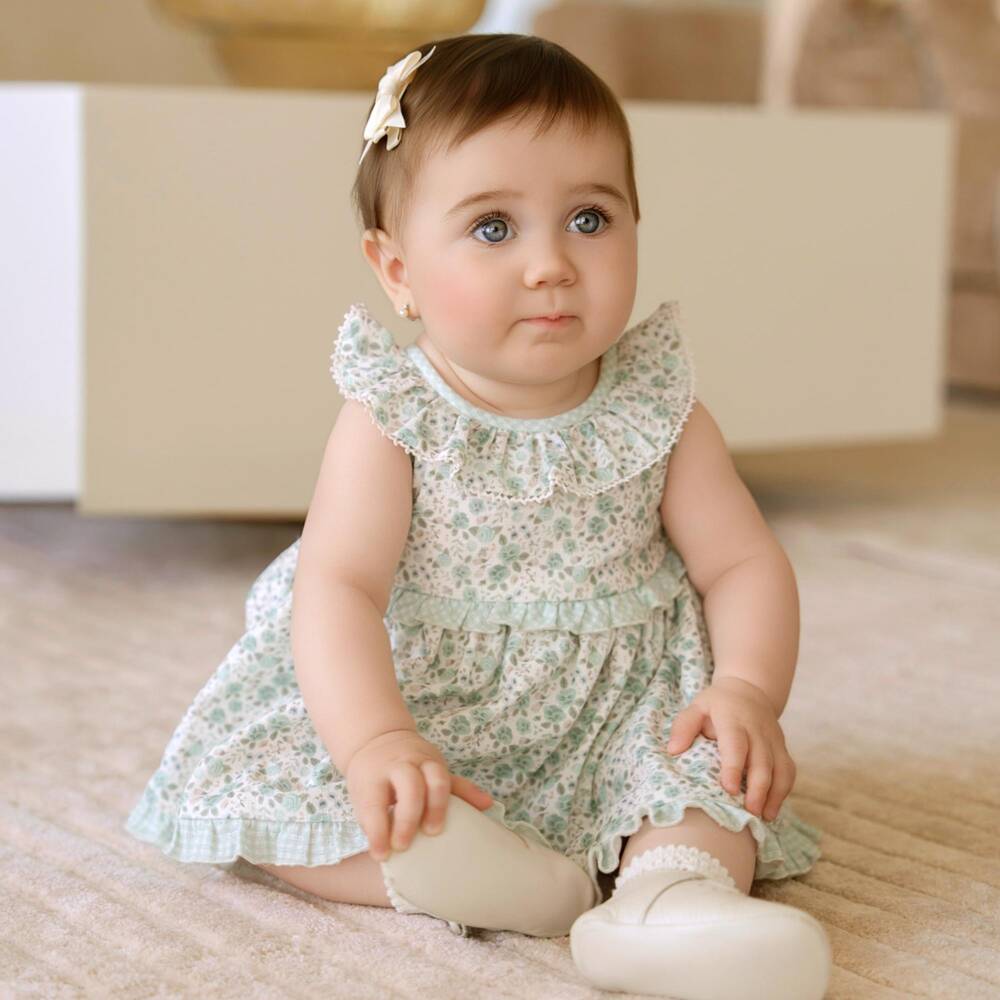 Miranda-Baby Girls Pastel Green Floral Cotton Dress | Childrensalon Outlet
