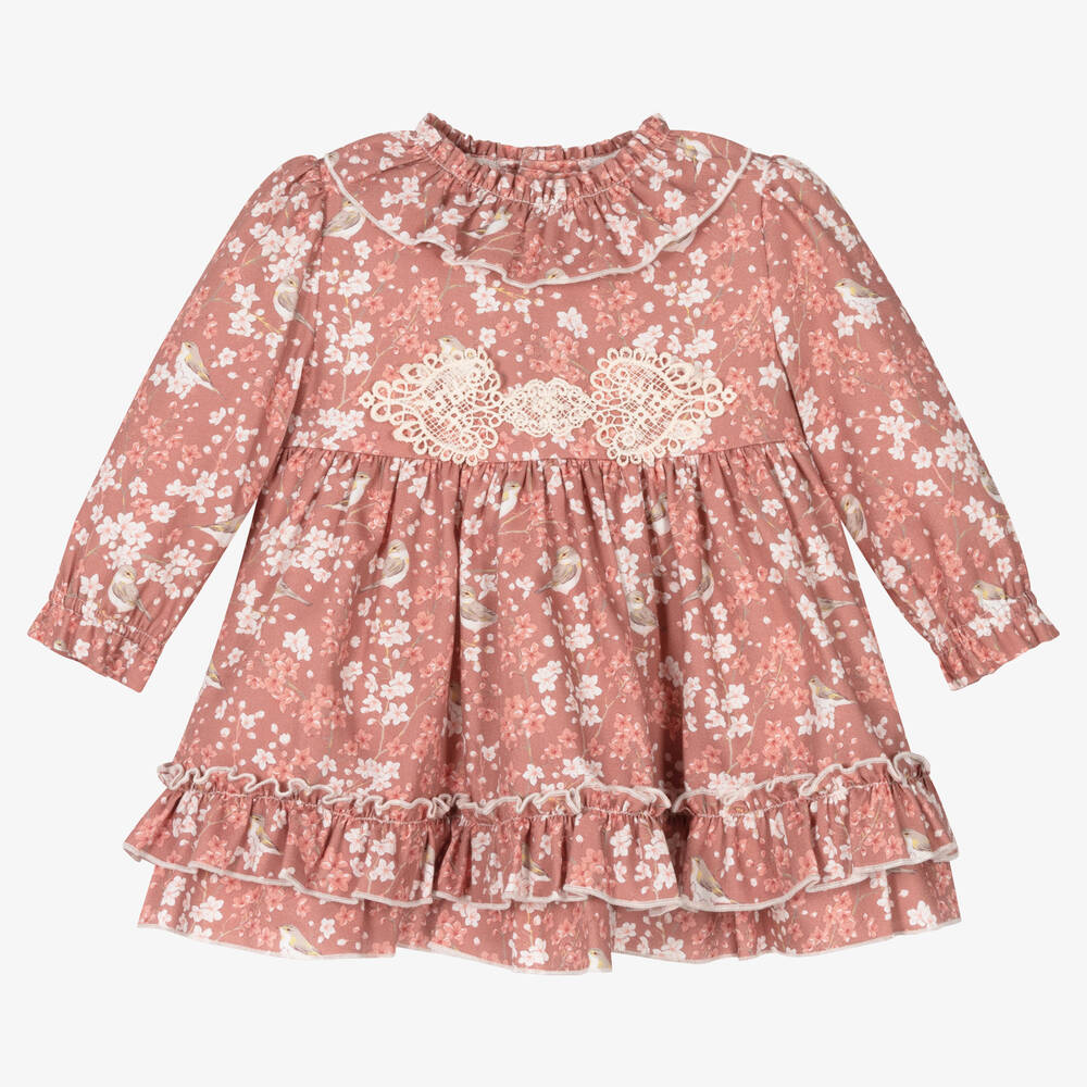 Miranda - Baby Girls Pink Floral Bird Cotton Dress | Childrensalon