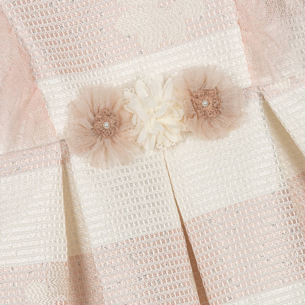 ميراندا-فستان جاكارد مقلم لون عاجي وزهري للمولودات | Childrensalon Outlet