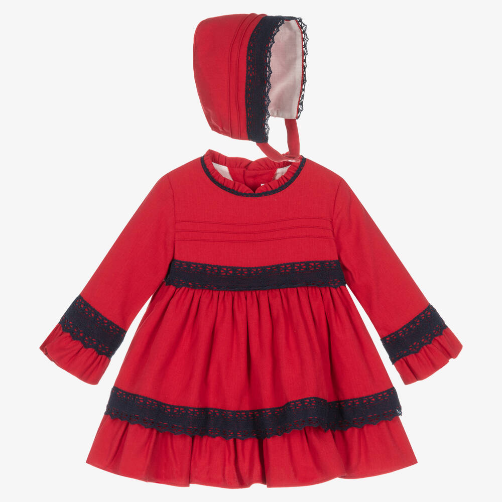 Miranda - Красное хлопковое платье и чепчик | Childrensalon